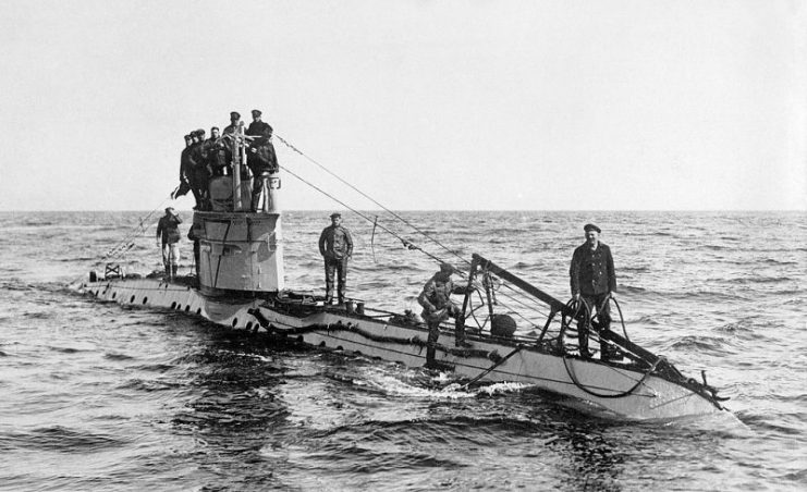 The crew of a German UC-1 class submarine on deck (WWI).