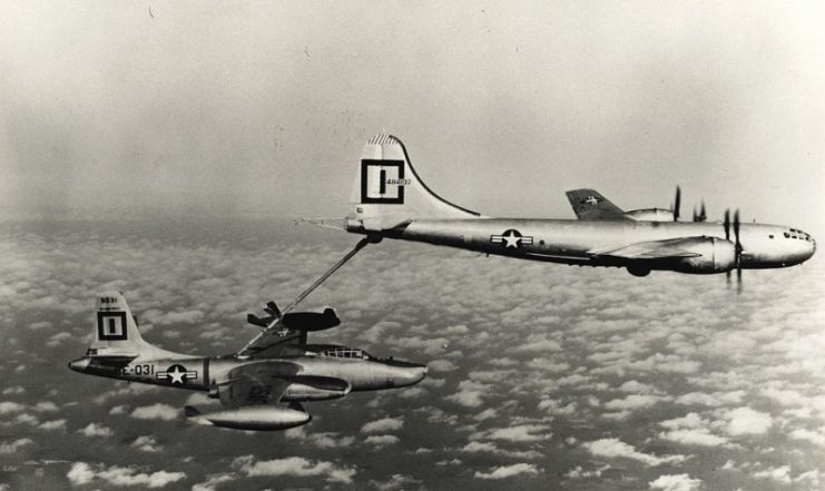 A U.S. Air Force North American RB-45C Tornado is being refueled by a 91st Air Refueling Squadron Boeing KB-29P Superfortress