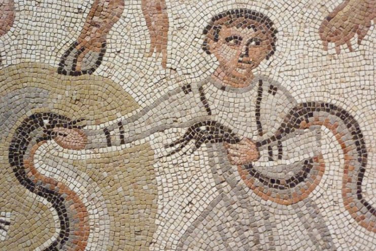 Snakes were also used for punishments. Mosaic in the Department of Greek, Etruscan and Roman Antiquities in Louvre Photo: GFreihalter – CC BY-SA 3.0