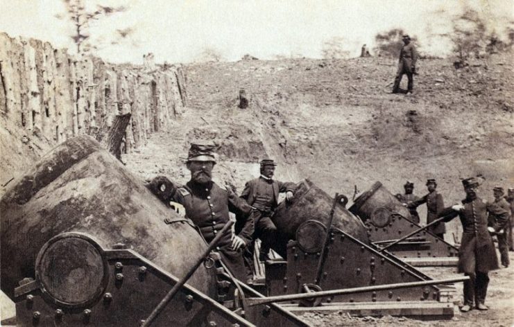 Federal Battery # 4 with 13-inch (330 mm) seacoast mortars, Model 1861, during the siege of Yorktown, Virginia, 1862