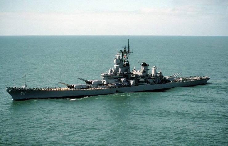 An elevated port bow view of the battleship USS Missouri (BB-63) en route to recommissioning in San Francisco.