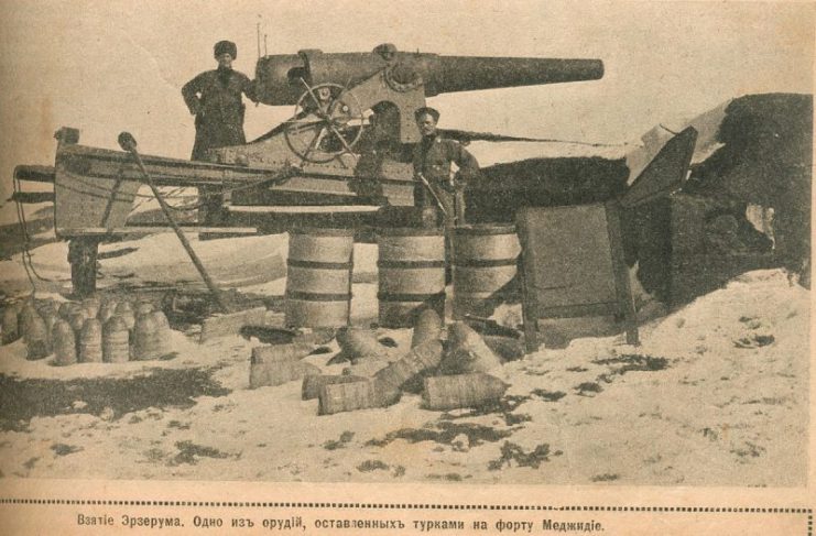 The Russians soldiers in front of captured Turkish guns.