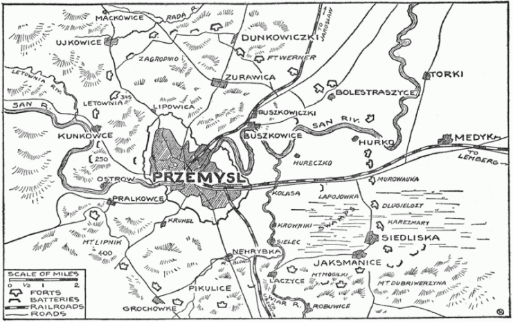 Map showing forts of Przemysl and surroundings, 1914 – 1915.