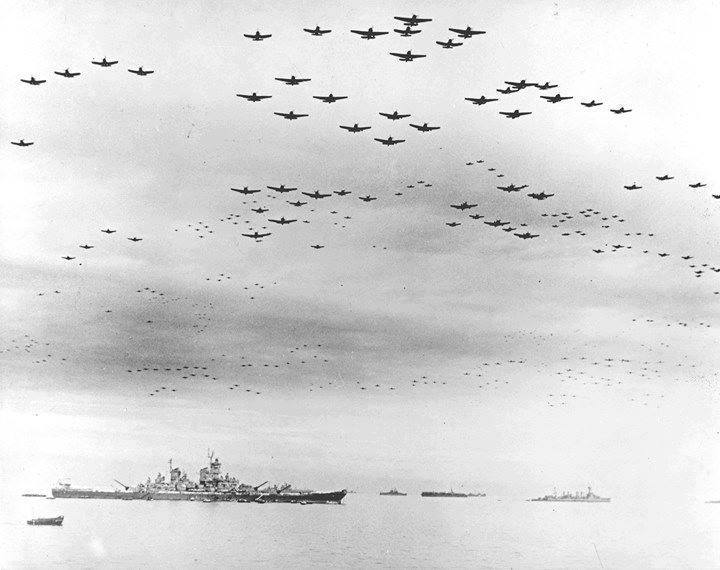 American aircraft fly over USS Missouri after the surrender.