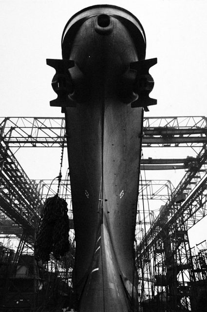 USS Missouri (BB 63) prior to her being launched at the New York Navy Yard, January 29, 1944. Note the unusual view of the bow.