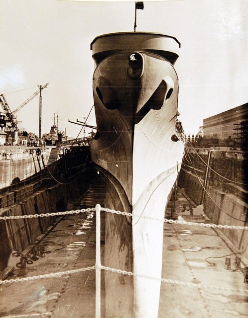 USS Missouri (BB-63) in drydock at Norfolk Navy Yard, Norfolk, Virginia, November-December 1949.