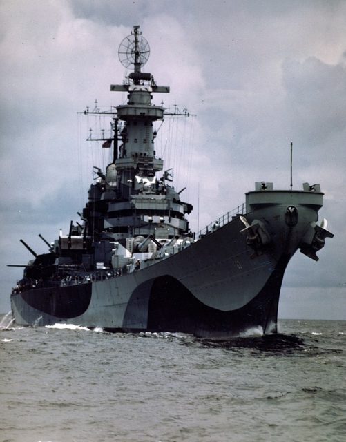 USS Missouri (BB-63). Photographed while on her shakedown cruise, August 1944.
