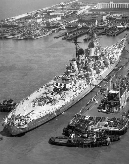 The U.S. Navy battleship of USS Missouri (BB-63) upon arrival at Norfolk, Virginia (USA), after service in the Korean War on 27 April 1951.