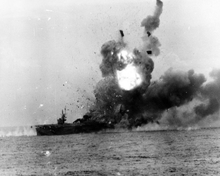 Battle of Leyte Gulf, October 25, 1944. USS St. Lo (CVE 63) explosion after being hit by a kamikaze.