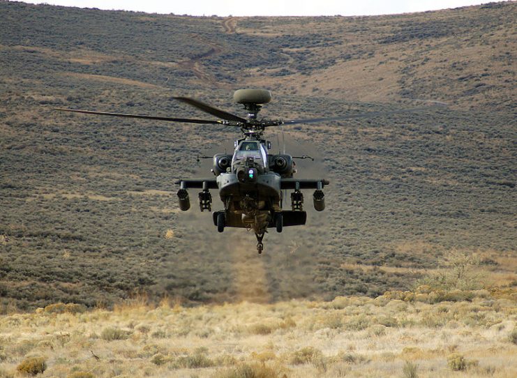 A U.S. Army Boeing AH-64E Apache from the 1st Battalion, 229th Aviation Regiment, 16th Combat Aviation Brigade