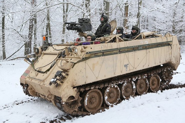 A U.S. Army M113 Armored Personnel Carrier of 1st Battalion, 4th Infantry Regiment provides an over watch while conducting recon operations during exercise Allied Spirit at the Joint Multinational Readiness Center in Hohenfels, Germany, Jan. 26, 2015.