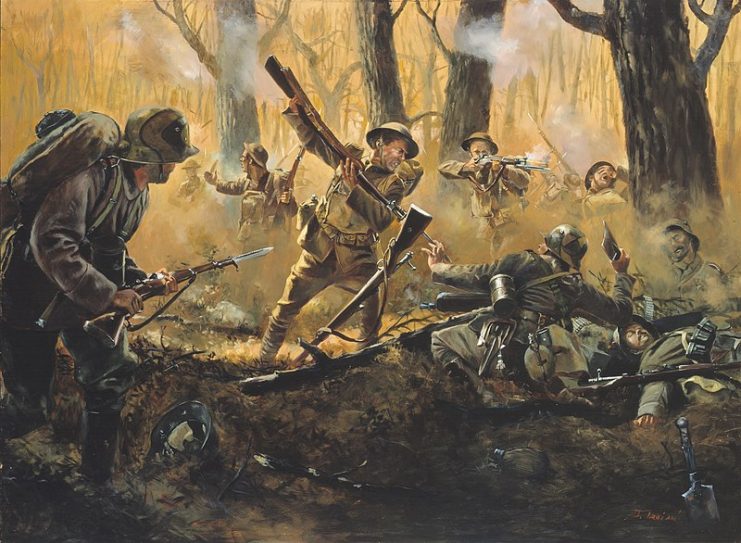 American troops during the Champagne-Marne offensive in a forest fighting Germans. By Don Troiani CC BY 2.0