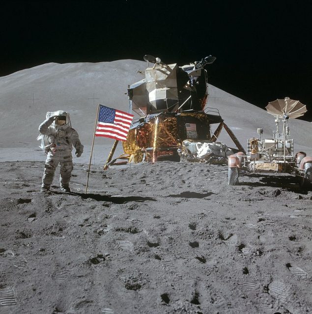 Apollo 15 Lunar Module Pilot James Irwin salutes the U.S. flag. Astronaut James B. Irwin, lunar module pilot, gives a military salute while standing beside the deployed U.S. flag during the Apollo 15 lunar surface extravehicular activity (EVA) at the Hadley-Apennine landing site.