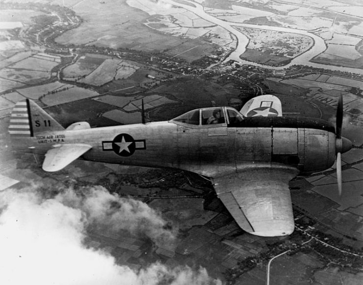 A captured Japanese Nakajima Ki-44 “Tojo” fighter pictured in flight in U.S. Army Air Forces markings