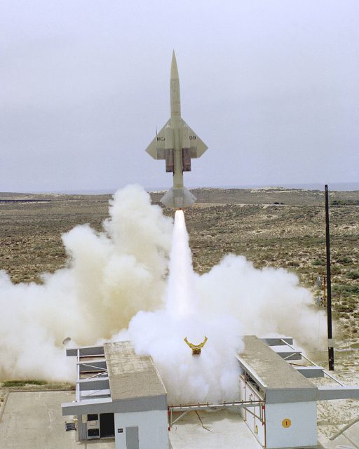 A Bomarc CQM-10B drone launched at Vandenberg Air Force Base, 1977.