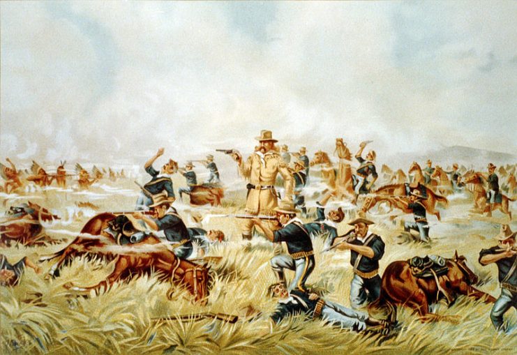 An 1899 chromolithograph from the Werner Company of Akron, Ohio entitled Custer Massacre at Big Horn, Montana — June 25, 1876.