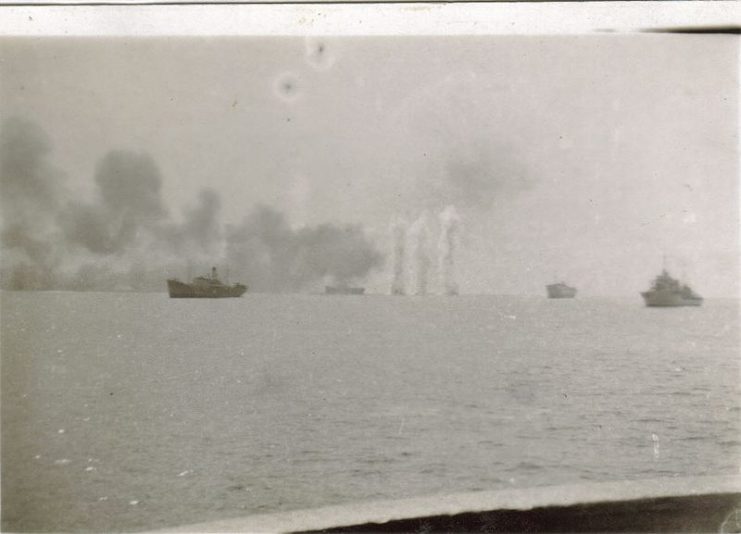 British battleship salvo falls short, Operation Menace, Allied bombardment of Dakar Harbour. By Frederick Milthorp CC BY-SA 3.0