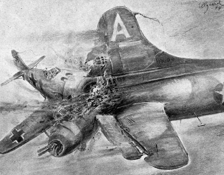 A 1944 drawing by Helmuth Ellgaard illustrating a Luftwaffe fighter ramming a B-17 Flying Fortress. By Helmuth Ellgaard CC BY-SA 3.0