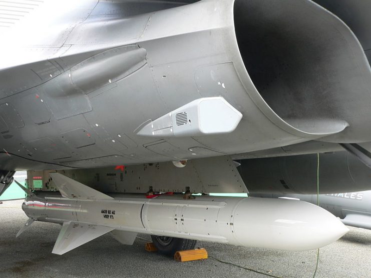 An Exocet AM39 under a Dassault Rafale. By David Monniaux CC BY-SA 3.0