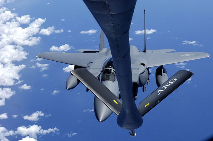 A South Korean F-15K Eagle comes in for fuel from a KC-135 Stratotanker Oct. 4. The next generation F-15s are on their way to South Korea to make their debut at the Seoul Air Show