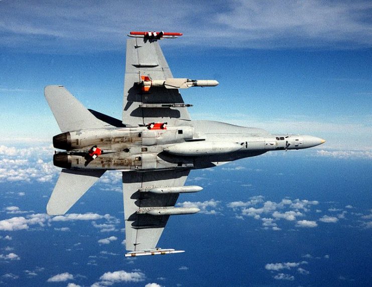 An F/A-18 Hornet carrying one SLAM-ER missile (top) and two AN/AWW-13 datalink pods (bottom)