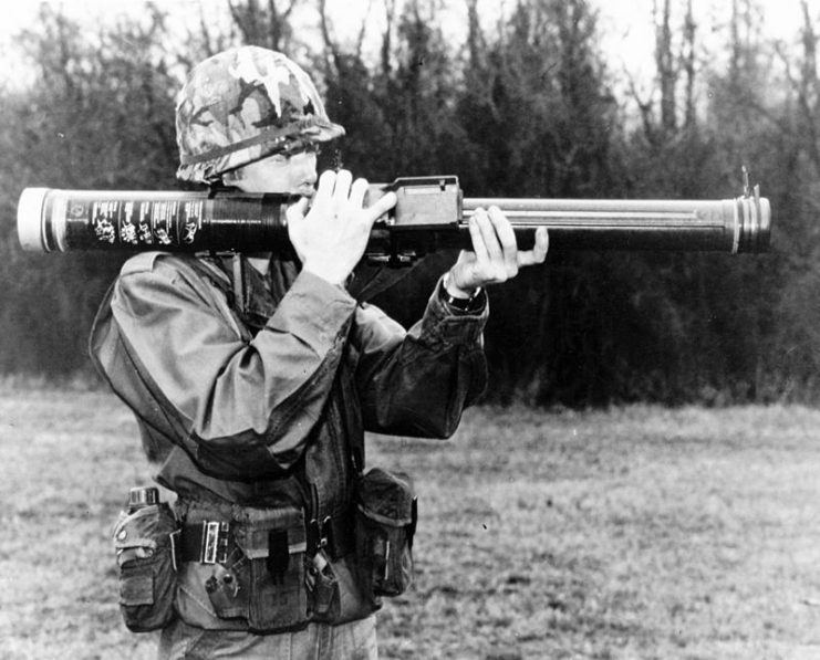 A soldier preparing to fire the FGR-17 Viper, an American one-man disposable antitank rocket.