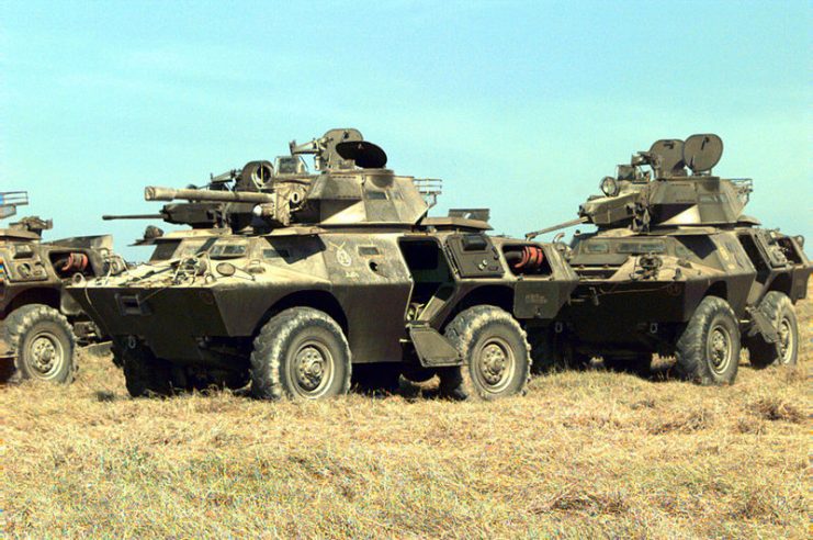 Several 90 mm and 20 mm V-150s of the Haitian Army seized by the U.S. military during Operation Uphold Democracy, 24 September 1994.