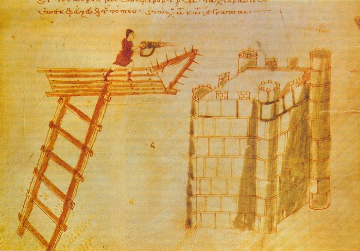 Use of a cheirosiphōn (“hand-siphōn”), a portable flamethrower, used from atop a flying bridge against a castle.
