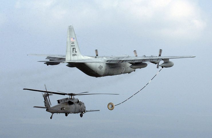 Probe-and-drogue – A USAF HC-130P refuels a HH-60 Pave Hawk.