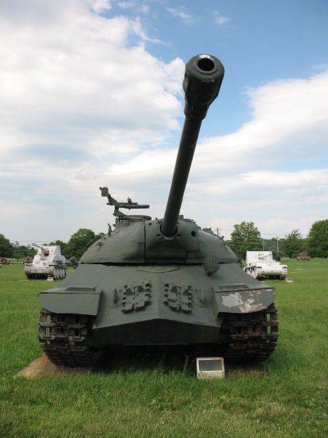 Frontal view of an IS-3. The squat solid-looking front profile and pike nose armor shape are highly distinctive.