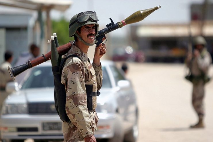 member of the Iraqi Security Force (ISF) Commandos, 2nd Squad (SQD), 1st Platoon (PLT), 1st Company (CO), 9th Battalion (BN), 2nd Brigade (BDE), performs a foot patrol, armed with a rocket propelled grenade