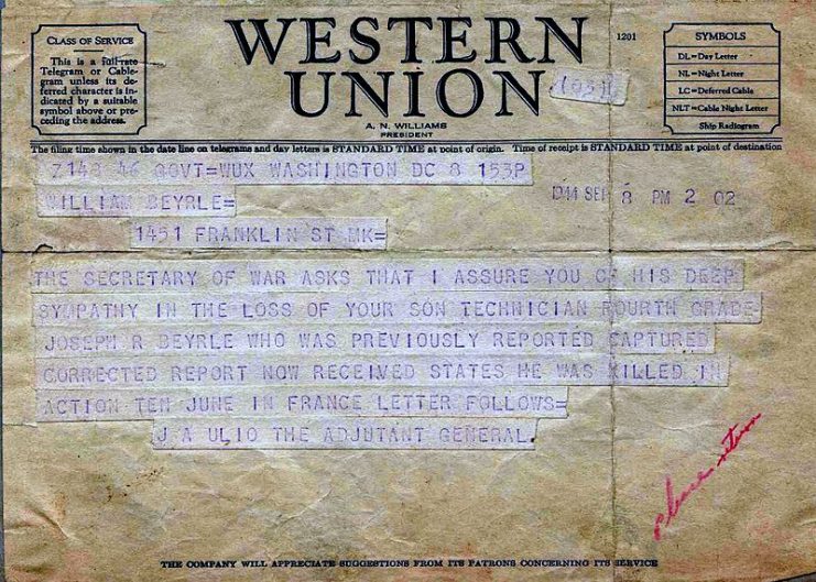 The US War Department telegram sent to Beyrle’s family, incorrectly telling them of his death, September 1944. By Jrossesq CC BY-SA 4.0