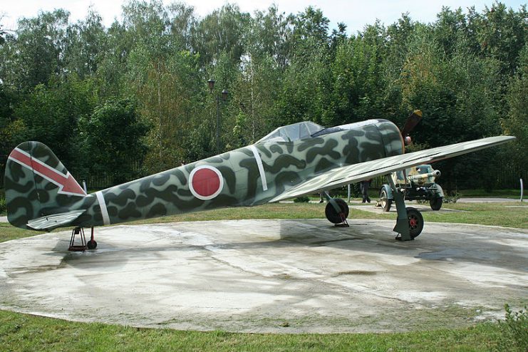 This aircraft was rebuilt using the remains from a crash site. The wing, engine and prop, at least, are genuine. It wears the markings of the 54th Sentai, which it served with on Shumshu island. By Alan Wilson CC BY-SA 2.0