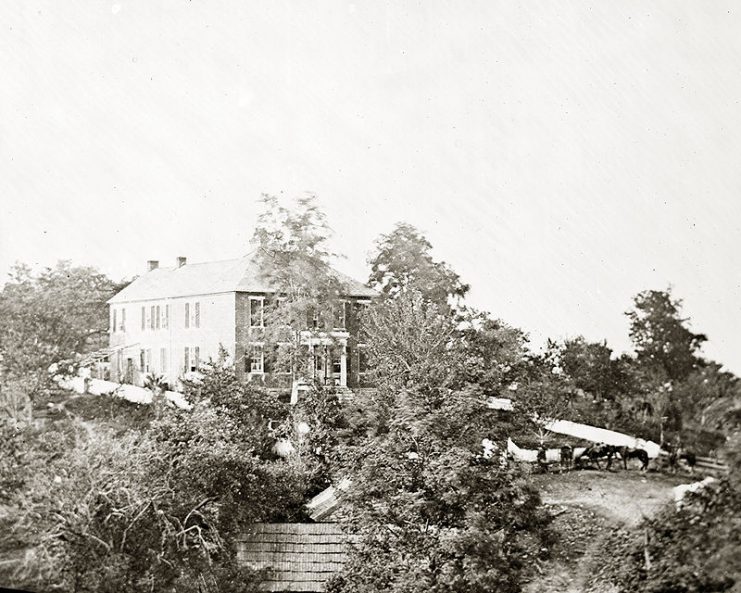 Phillip Pry’s prosperous farm and home near Sharpsburg, Maryland; the house was taken over by Union commander General George McClellan to use as his headquarters during the Battle of Antietam.