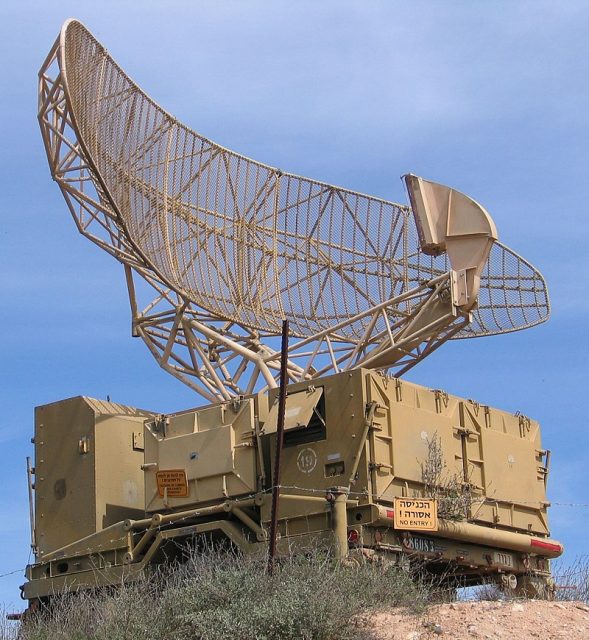 Radar of the type used for detection of aircraft. It rotates steadily, sweeping the airspace with a narrow beam. By Bukvoed CC BY-SA 3.0