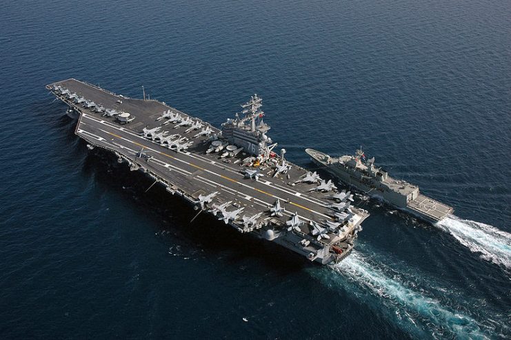 Ronald Reagan makes final preparations to provide fuel to the Royal Australian Navy Frigate HMAS Ballarat (FFH 155) during a Fueling At Sea (FAS) evolution, 21 April 2006