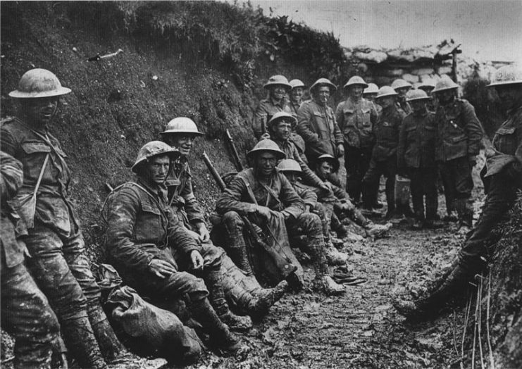 A ration party of Royal Irish Rifles in a communication trench early in the battle, possibly on 1 July.