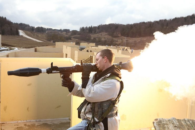 U.S. Army Spc. James Lindermen, with Headquarters and Headquarters Company, 1st Battalion, 4th Infantry Regiment, fires a rocket-propelled grenade while participating as part of a simulated opposing forces team during a mission rehearsal exercise at the Joint Multinational Readiness Center in Hohenfels, Germany, March 19, 2013
