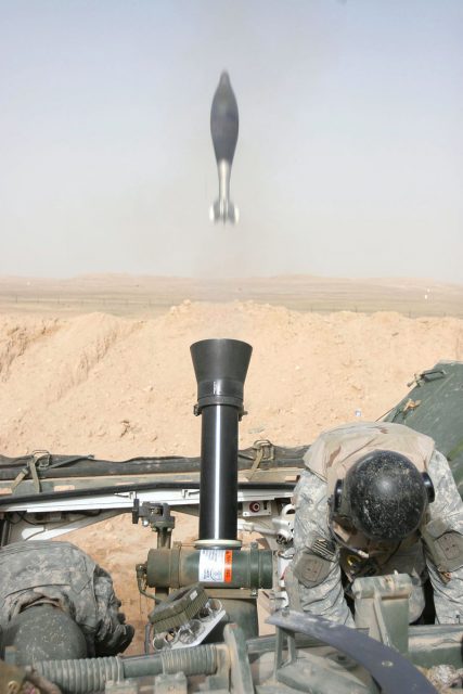 A mortar is fired from a Stryker vehicle.