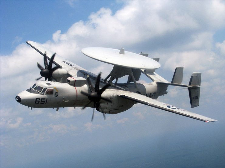 An E-2C Hawkeye assigned to VAW-120 flies over Jacksonville, Florida