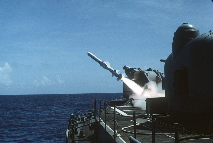 USS Lawrence (DDG 4) launching a RGM-84A Harpoon