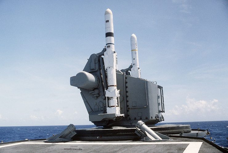 Two RGM-84A Harpoon missiles on a Mk 11 launcher aboard the USS Lawrence (DDG 4).