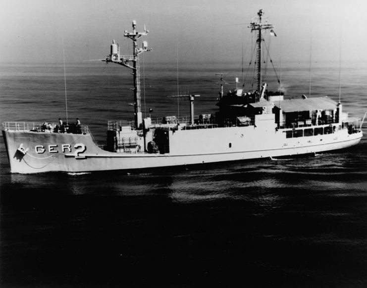The U.S. Navy signal intelligence gathering ship USS Pueblo (AGER-2) off San Diego, California on 19 October 1967.