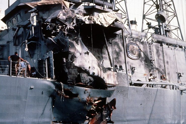 A view of damage sustained by the guided missile frigate USS STARK (FFG-31) when it was hit by two Iraqi-launched Exocet missile while on patrol in the Persian Gulf.