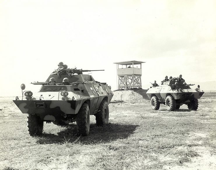 Two V-100 Cadillac Gage Commando (XM-706E2) of the USAF Security Police on patrol, circa 1968.