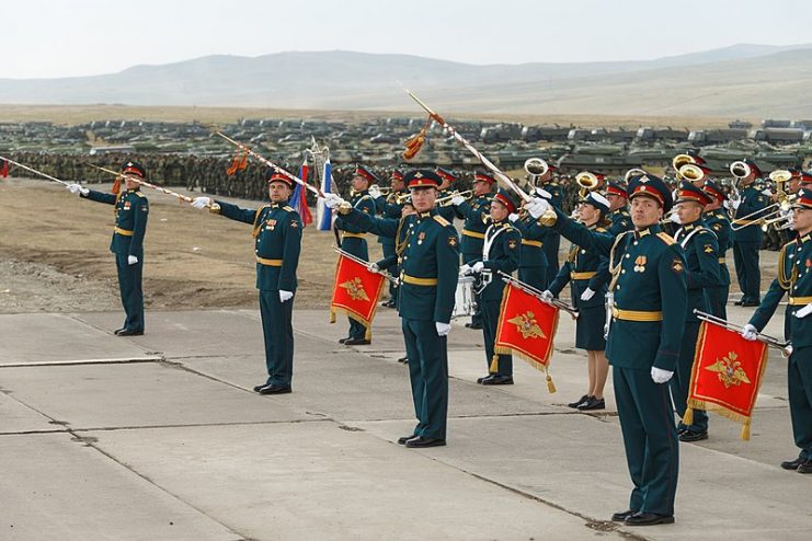 The Military Band of the Eastern Military District during the opening parade of Vostok 2018. By Mil.ru CC BY 4.0