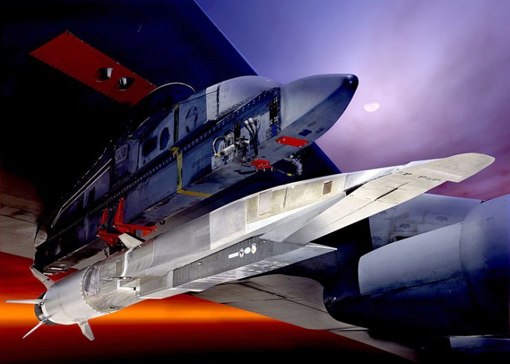 The X-51A Waverider, shown here under the wing of a B-52 Stratofortress, is set to demonstrate hypersonic flight. Powered by a Pratt & Whitney Rocketdyne SJY61 scramjet engine, it is designed to ride on its own shockwave and accelerate to about Mach 6.