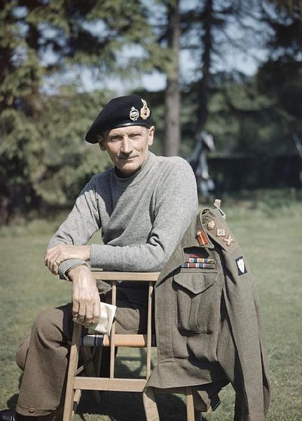 General Sir Bernard Montgomery, wearing his ‘battle sweater’ and tank beret, in the UK, 1943.