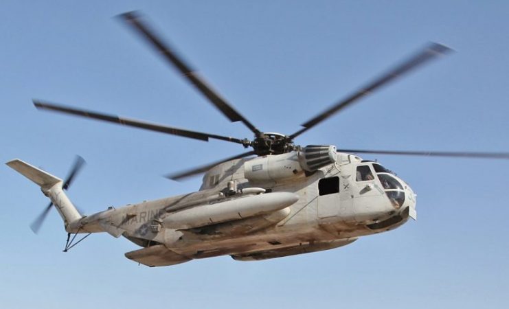 A CH-53D Sea Stallion with HMH-362, lands on FOB Edinburgh, Helmand province, Afghanistan