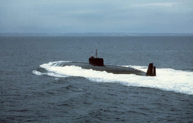 A port quarter view of a Soviet Papa class nuclear-powered cruise missile submarine (SSGN) underway.